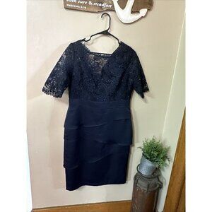 ADRIANNA Papell Blue Lace Dress Side Draped Ruched Sheer 3/4 Sleeve, Size 12 M5